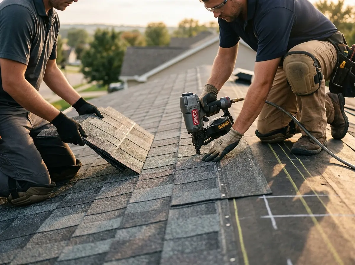 Professional roofer working on a residential roof in Ilion